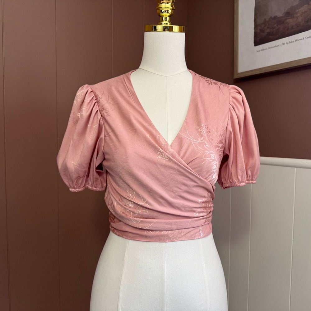 Lulus Pink Floral Satin Wrap Blouse - Picture 4 of 13